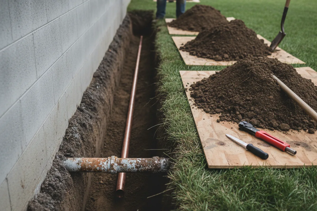Excavated water line trench during Sewer Line Repair in Rutherford College